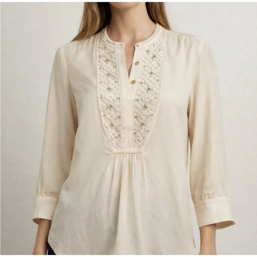 Tory Burch Size-8 Silk Embellished Blouse 3/4 Sleeve Top Ivory